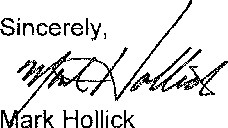 Hand signature, 'sincerely Mark Hollick'
