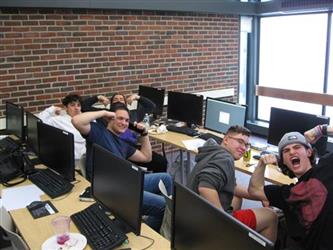 Students around computers