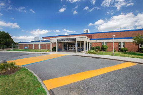 Wide angle view of the school entrance in summer